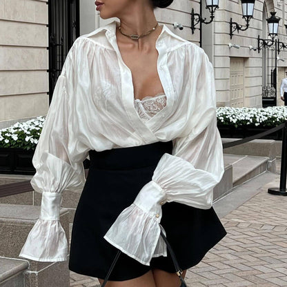 Women's Sheer Sexy Solid Color Blouse Shirts-White-S-Free Shipping Leatheretro