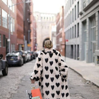 Women's Long Faux Fur Coat – Thickened Plush White Love-Design Winter Coat,