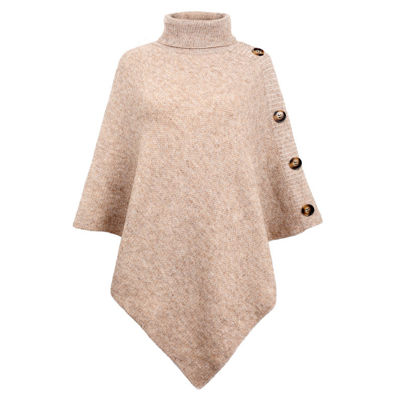 High-Neck Cape Sweater – Solid Color Knit Poncho Cross-Border Pullover