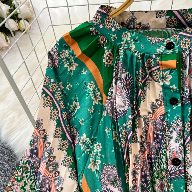 Retro Palace Style Lantern Sleeve Round Neck A-Line Floral Print Button-Down Waist Dress