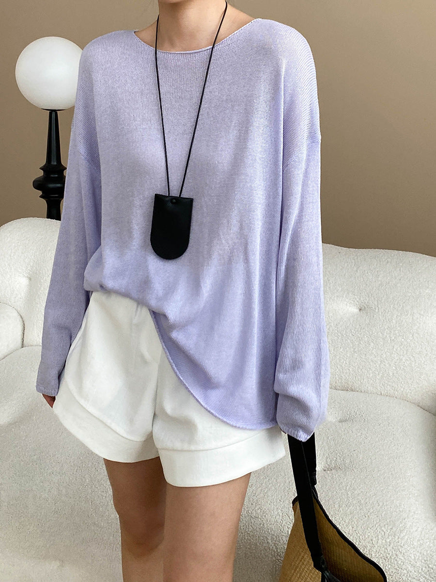 Linen-Blend Relaxed Knit Shirt Blouses
