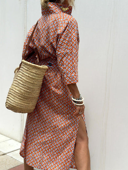 Women's half Sleeve Striped Button-Down Shirt Dress with Lapel Collar