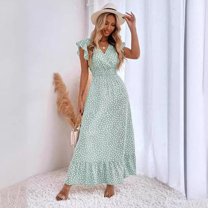Summer V-Neck Wrap Waist Maxi Dress with Flutter Sleeves-black-S-Free Shipping Leatheretro