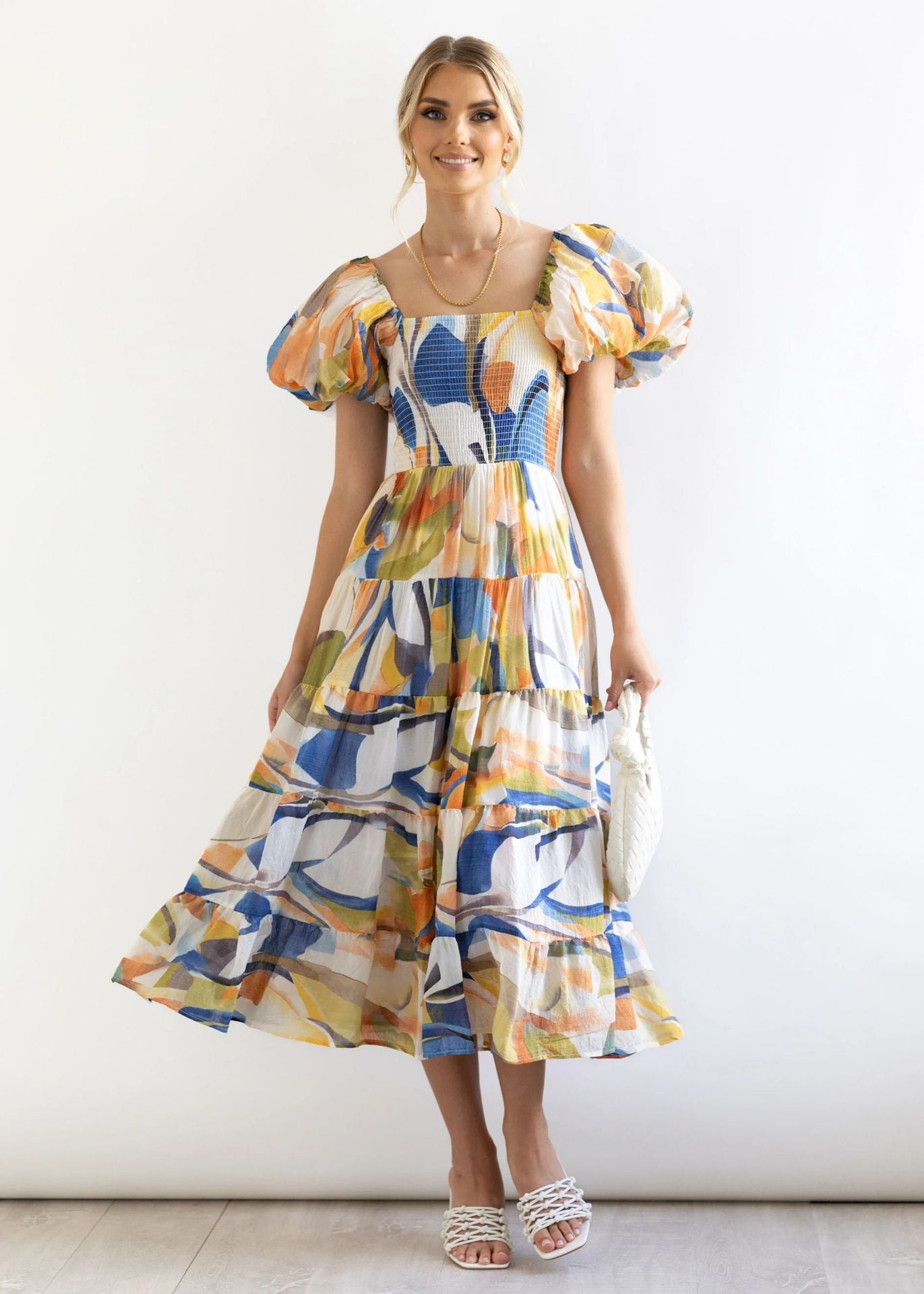 Spring Summer Off-Shoulder Floral Print Puff Sleeve Dress