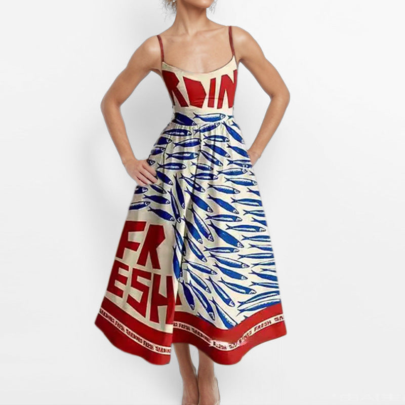 Sexy U-Neck Belted Ruffle Strap Flared Dress