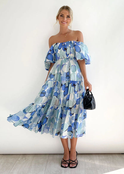 Flutter Sleeve High Waist Off-Shoulder Print Dress