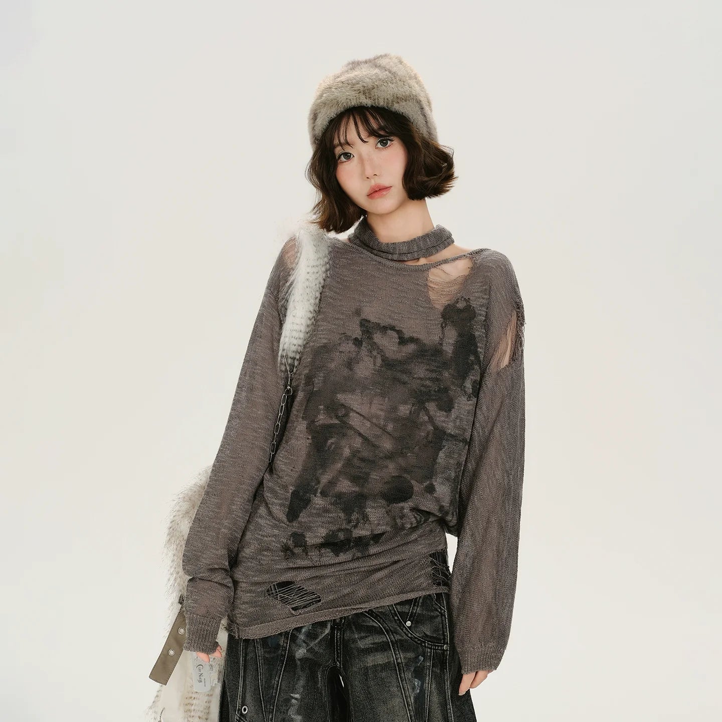 Girlyhalo Retro Baddie Print Distressed Long Sleeve Sweater
