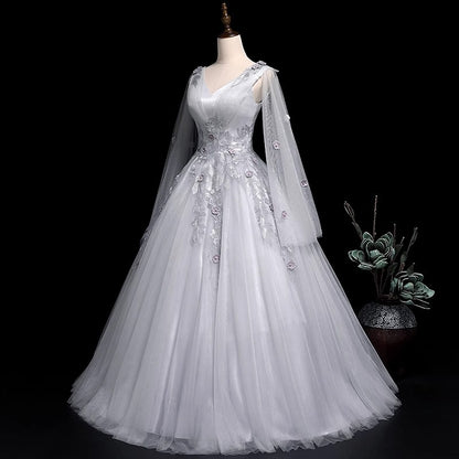 Gray V Neck Plus Sizes Ball Gown Gray Evening Dresses