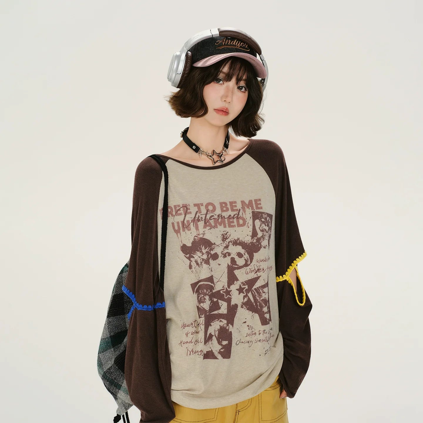 Girlyhalo Retro Print Color-Block Long Sleeve T-Shirt