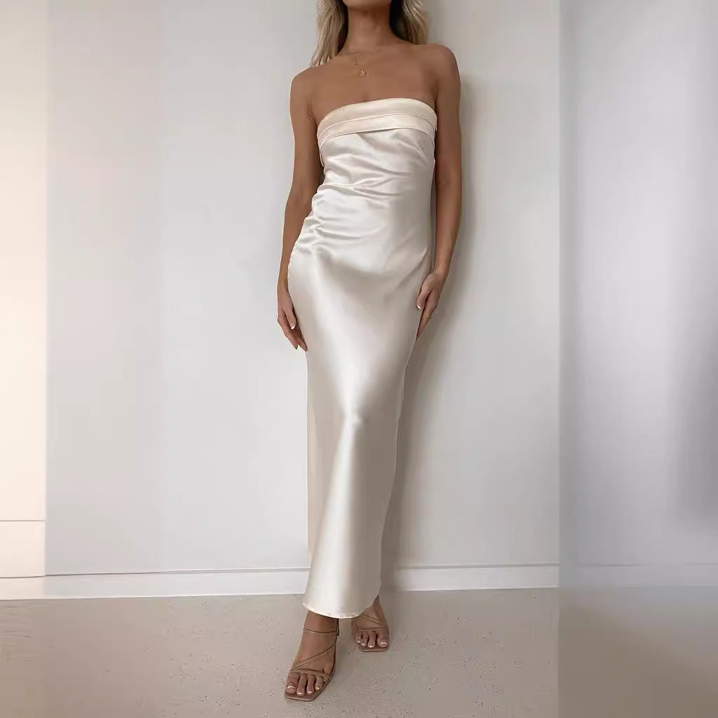 Elegant Satin Bandage Backless Tube Dress with Floral Print