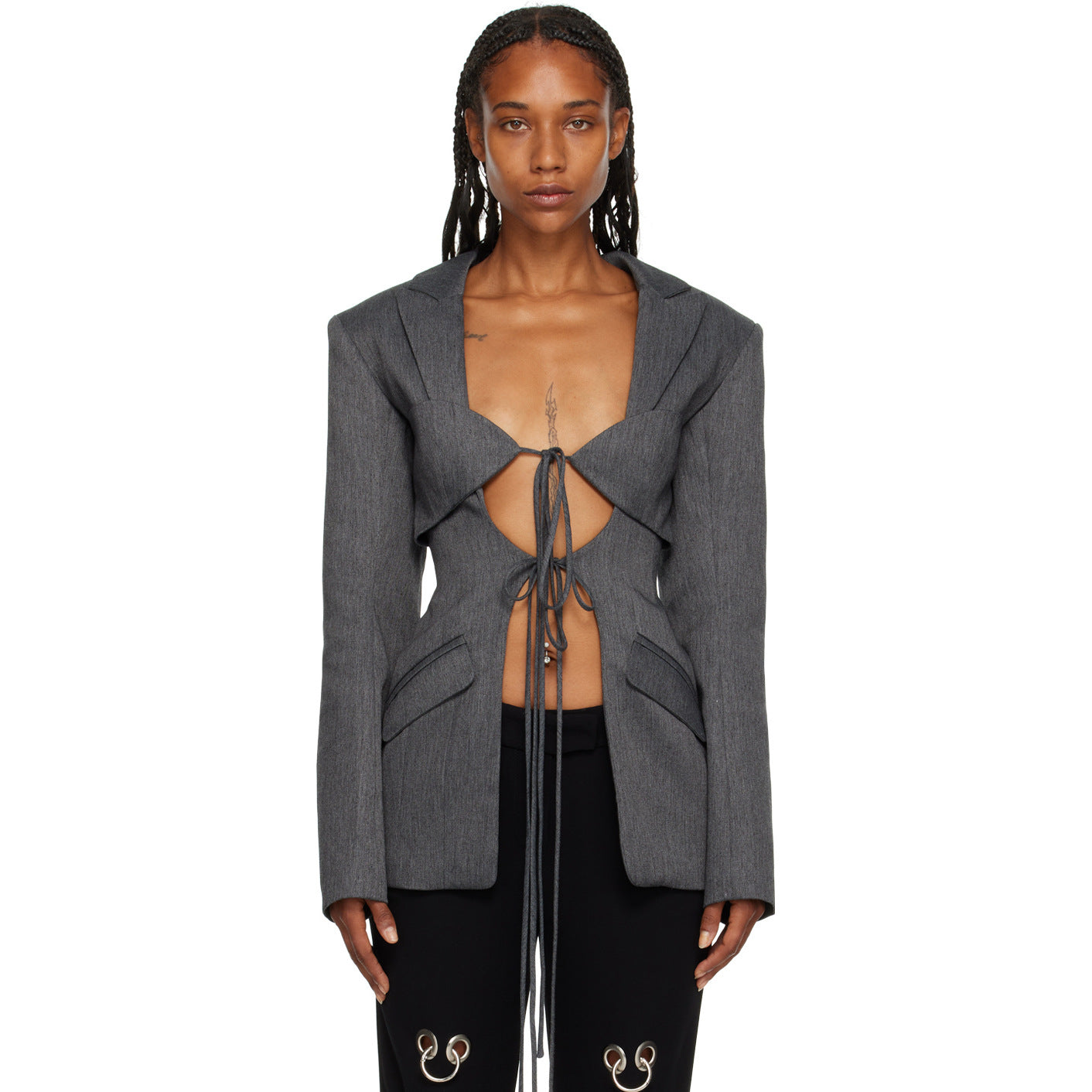 Women's Designer V-Neck Lace-Up Belted Asymmetrical Blazer Jacket