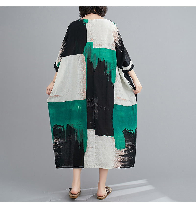 Women's Summer Boho Loose Fit V-Neck Short Sleeve Maxi Dress