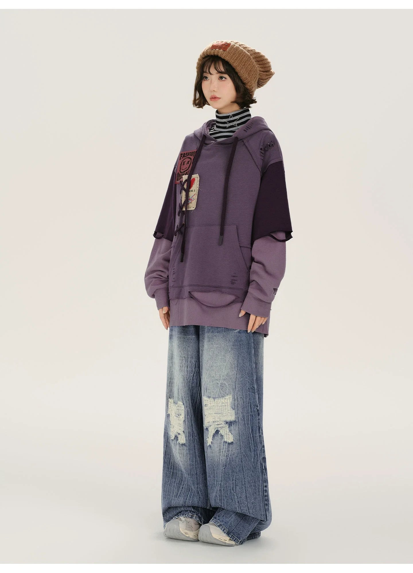 Retro Distressed Design Fake Two-Piece Hooded Sweatshirt