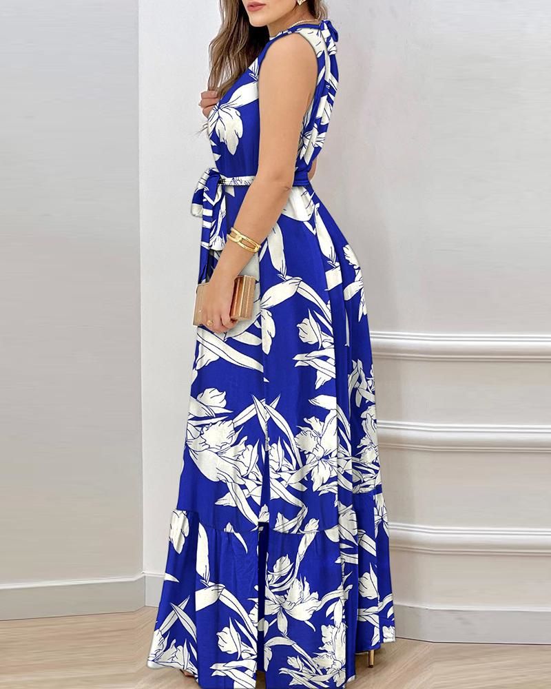 Summer Off-Shoulder Tie-Front Floral Print Ruffle Dress