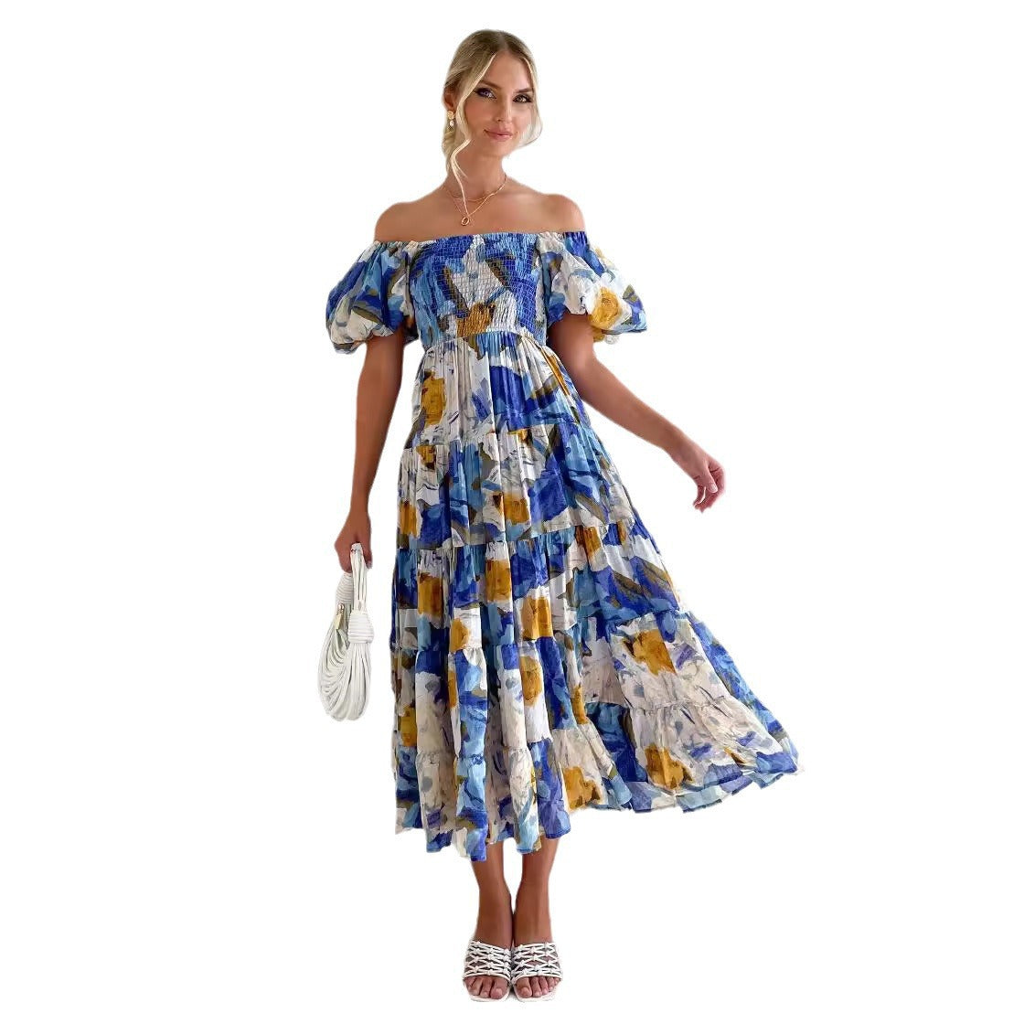 Women's Off-Shoulder Lantern Sleeve High Waist Summer Dress-red-S-Free Shipping Leatheretro
