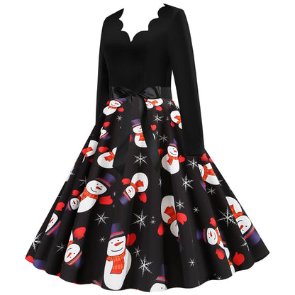 Women Vintage Christmas Snowmen Slim Waist Dresses-Vintage Dresses-Free Shipping at meselling99