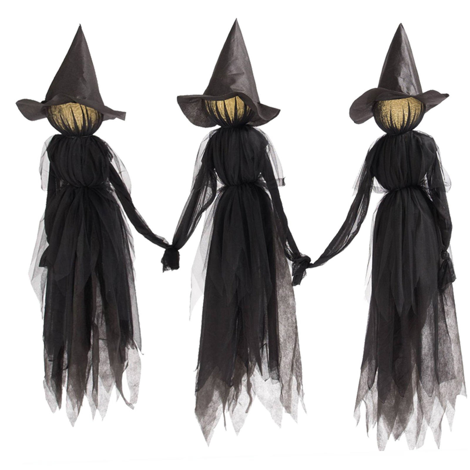 Voice-Activated Colorful Glowing Halloween Witch Set - 3 Hand-Holding Witches with Bonus Ghost