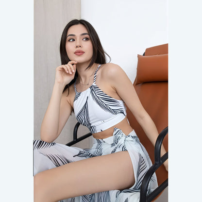 Women's Printed High-Waist Bikini Set with Sun Protection Cover-Up Skirt