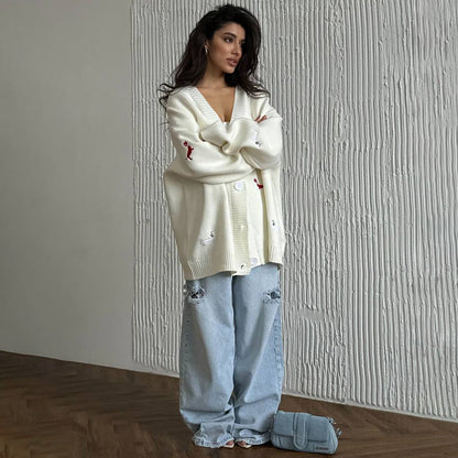 Women's Oversized Casual Knitted Embroidered Sweater Coat