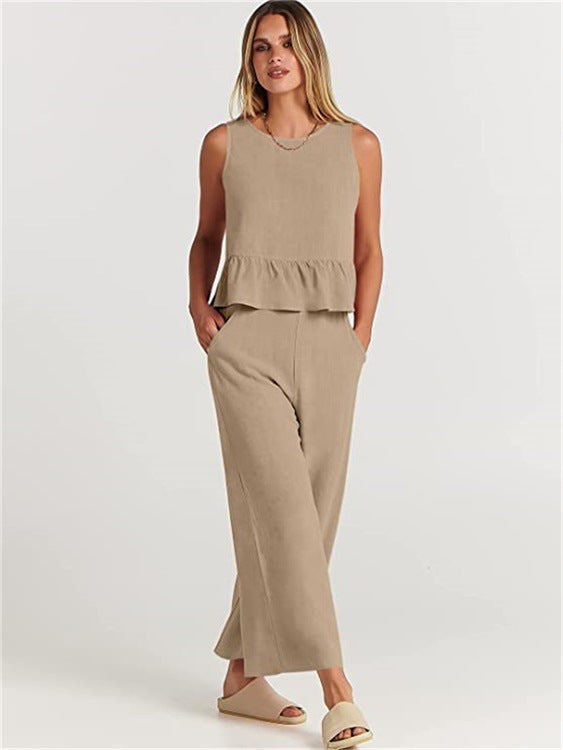 Women's Summer Sleeveless Pleated Vest & Wide-Leg Cropped Pants Casual Set