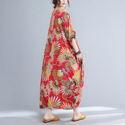 Casual Floral Print Red Plus Sizes Maxi Dresses-Dresses-Red-One Size-Free Shipping at meselling99