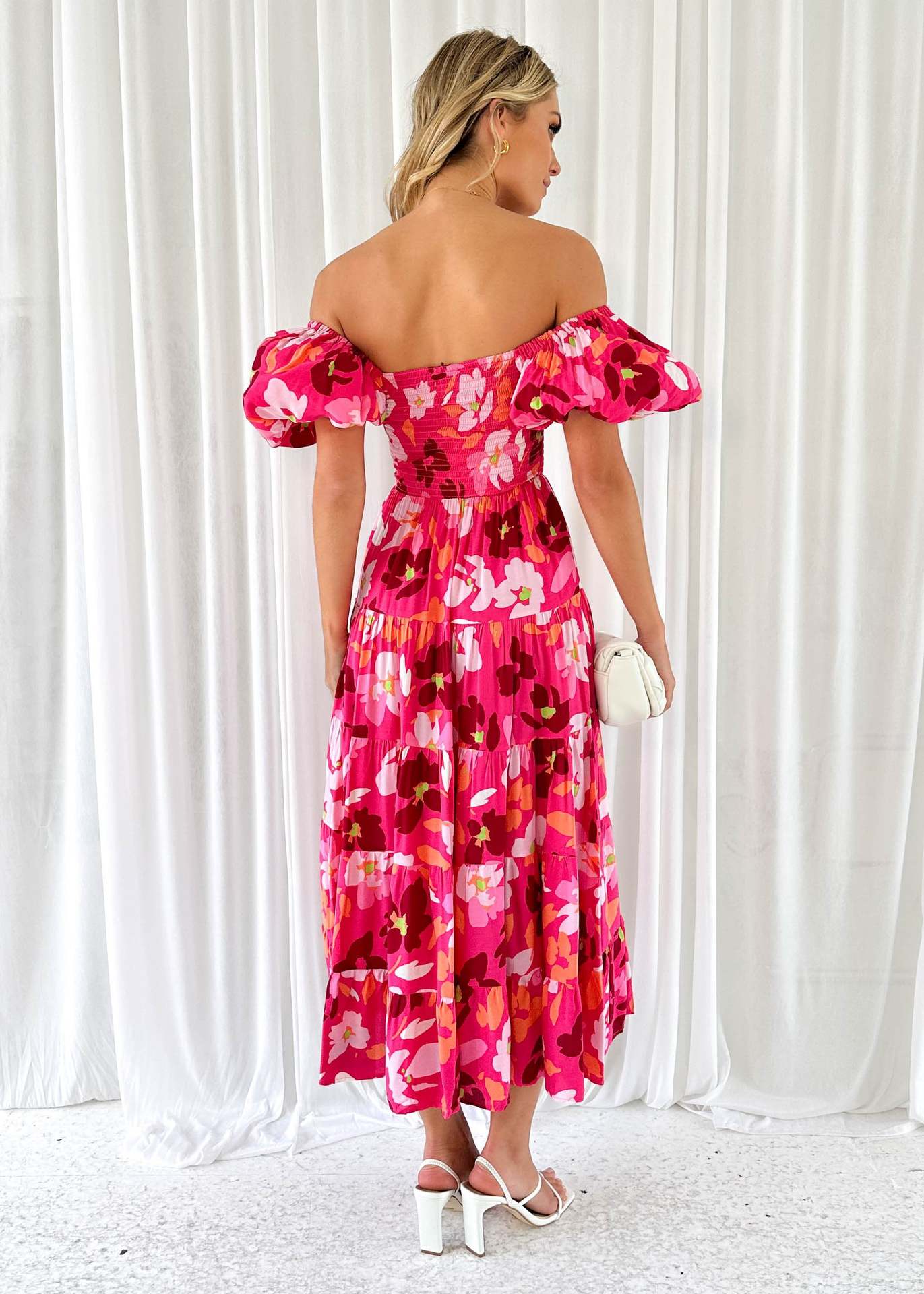 Spring Summer Off-Shoulder Floral Print Puff Sleeve Dress