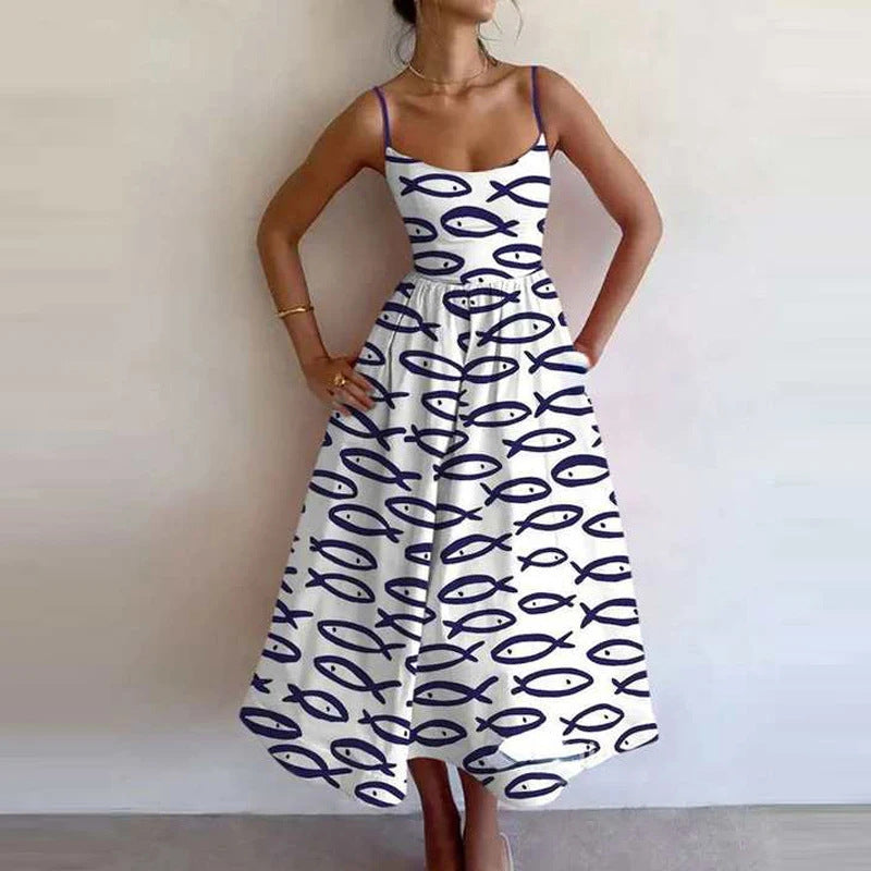Sexy U-Neck Belted Ruffle Strap Flared Dress