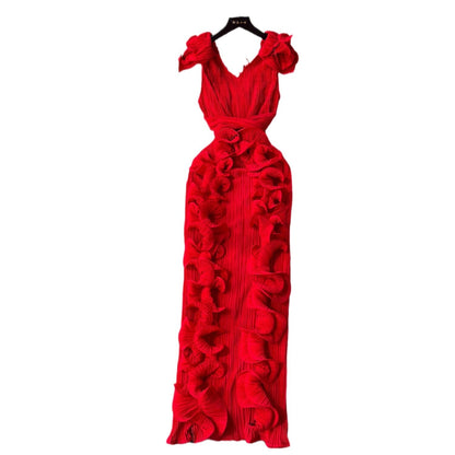 High-End Pleated Dress – Luxury Women's Designer Ruffle Hem Slim Fit Long Maxi Dress