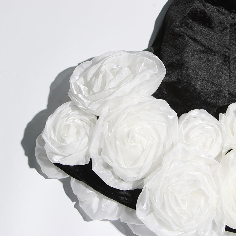 Designed Sexy Velvet Bustier Ball Gown Mini Dress with 3D White Roses