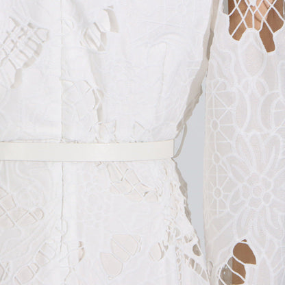 Vintage Collar Long Lantern Sleeve Mid-Length Embroidery Lace Solid Color Dress