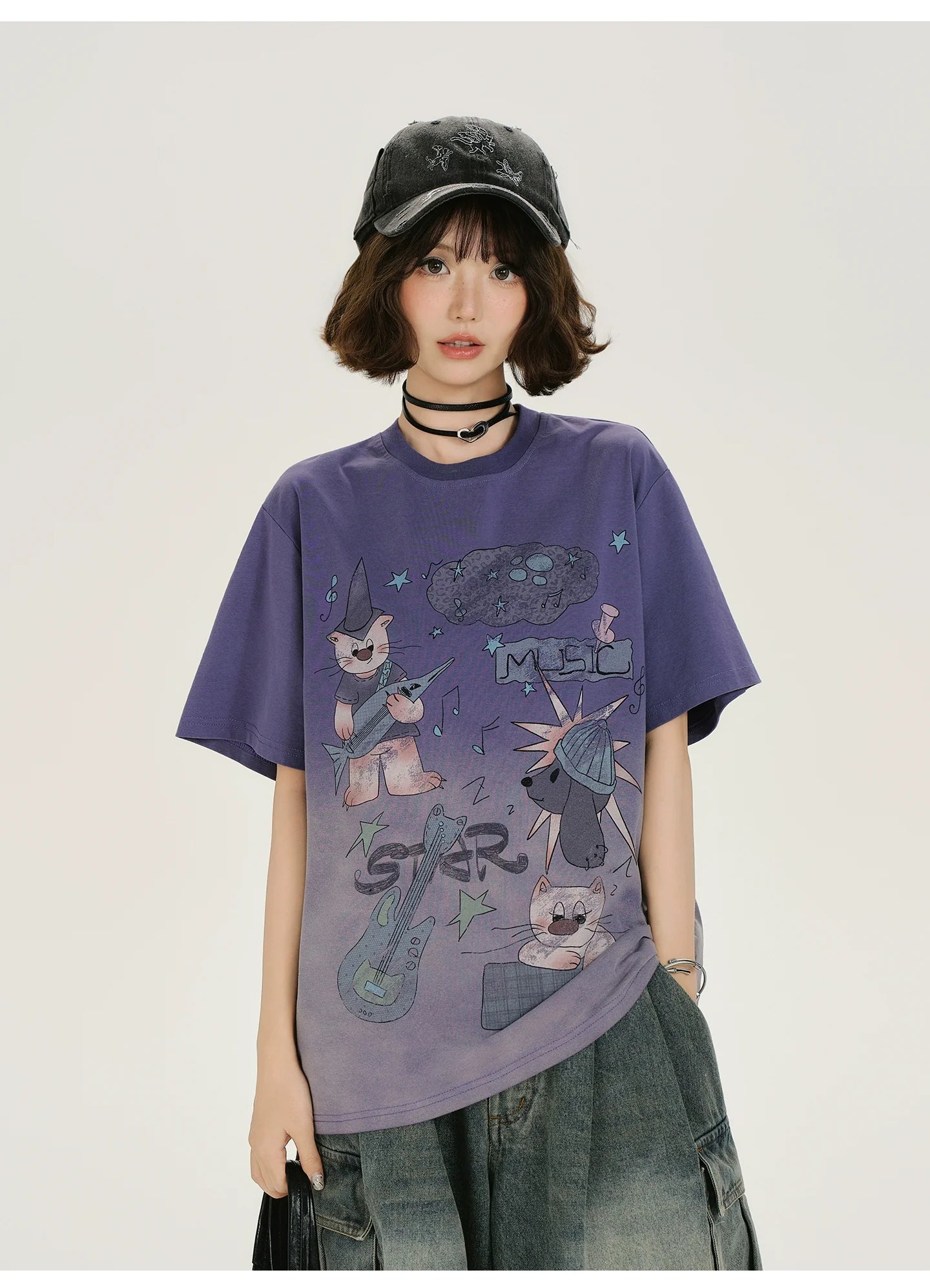 Girlyhalo Vintage Washed Purple Gradient Short Sleeve T-Shirt