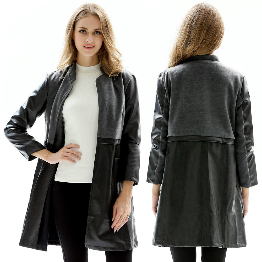 Women's Plus-Size Wool Blend Longline PU Leather Jacket