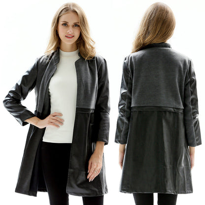 Women's Plus-Size Wool Blend Longline PU Leather Jacket