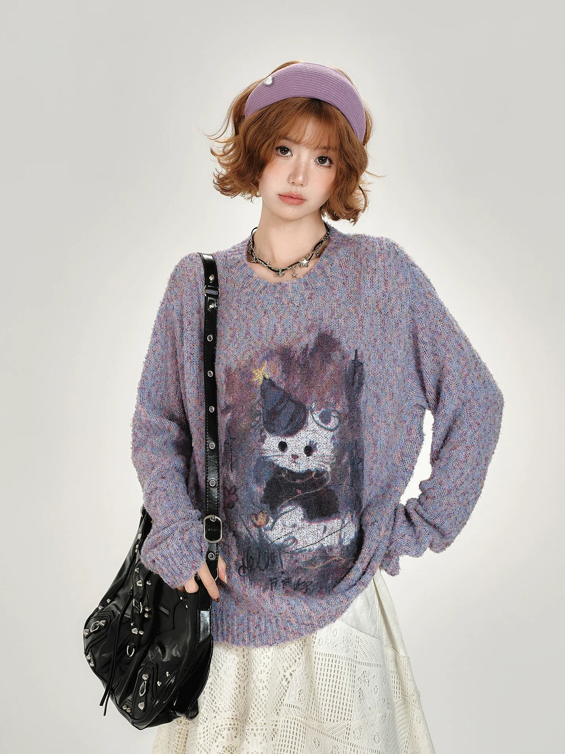 Girlyhalo Women's Loose Fit Retro Print Sweater - Crewneck Fall Pullover-Purple-S-Free Shipping Leatheretro