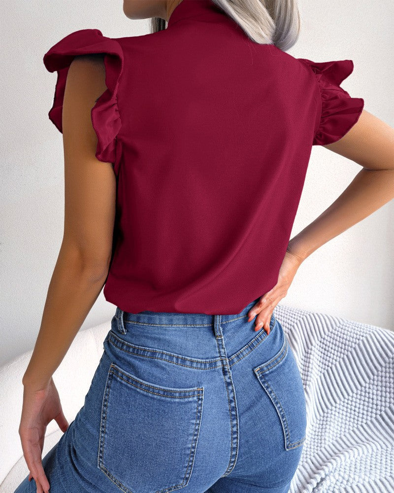 Solid Color Ruffled Tie-Bow Blouse – Elegant Women’s Shirt