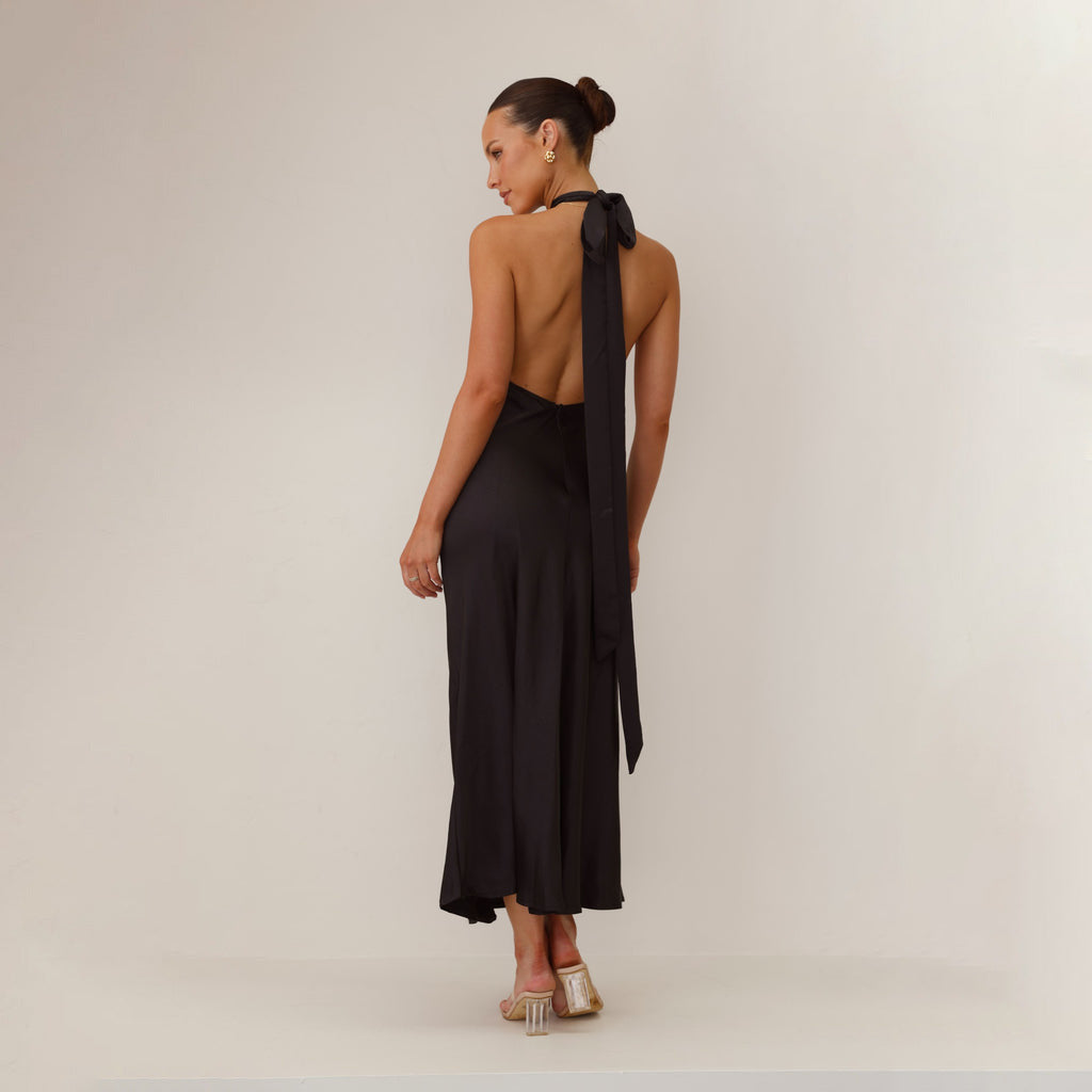 Women's Satin Halter Neck Slit Maxi Dress with Cinched Waist