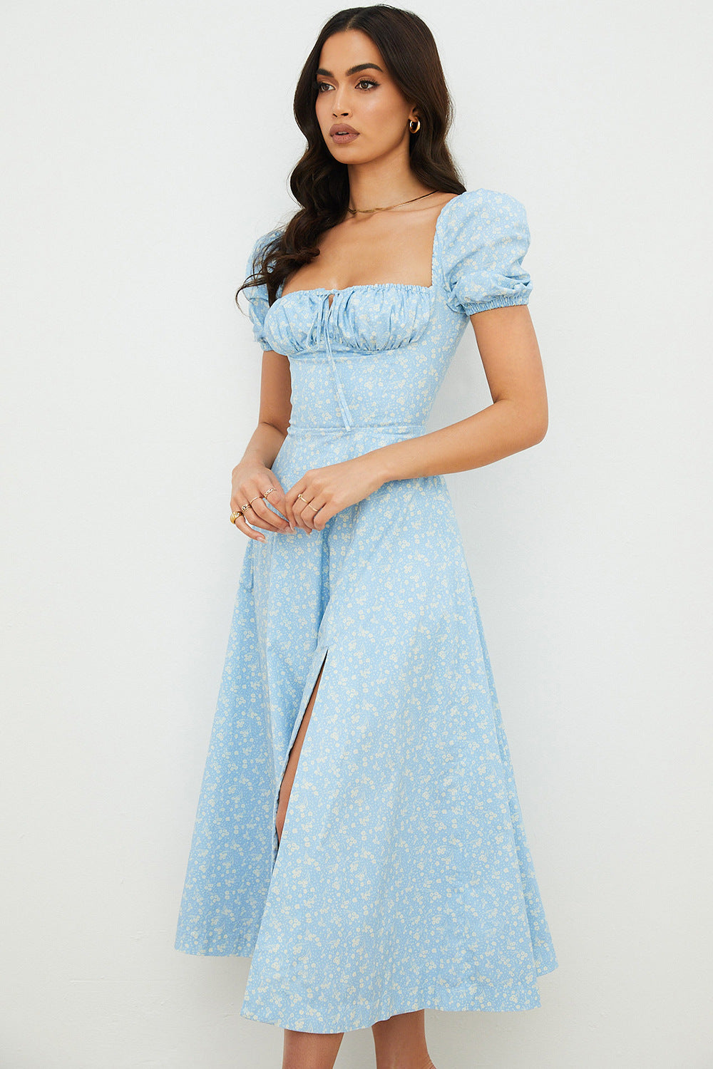 Women's Floral Wrap Slit Maxi Dress with Puff Sleeves