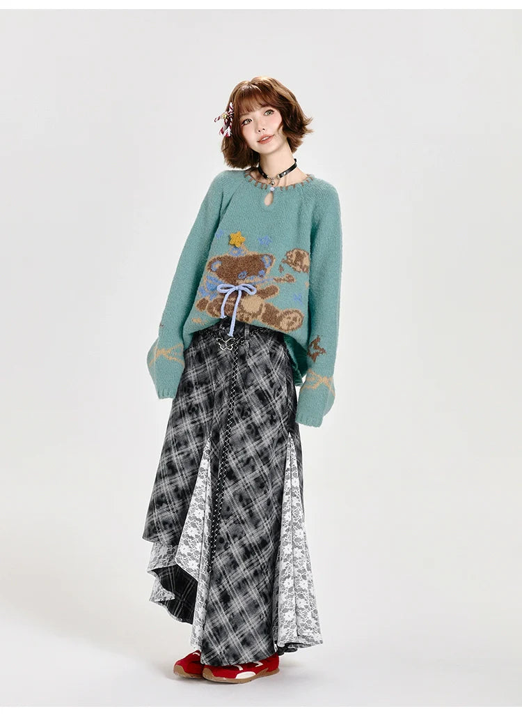 Girlyhalo Cozy Retro Bear Knit Sweater Women