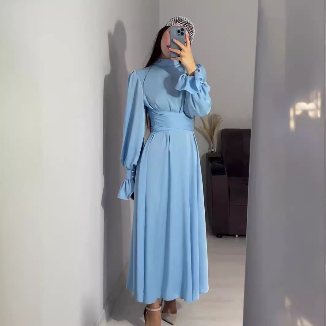 Elegant Long-sleeved Waist-tied Puff-sleeved  Women Dresses