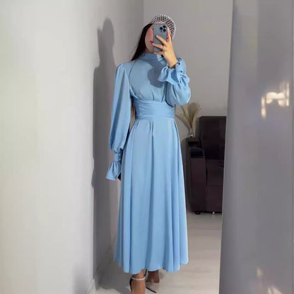 Elegant Long-sleeved Waist-tied Puff-sleeved  Women Dresses