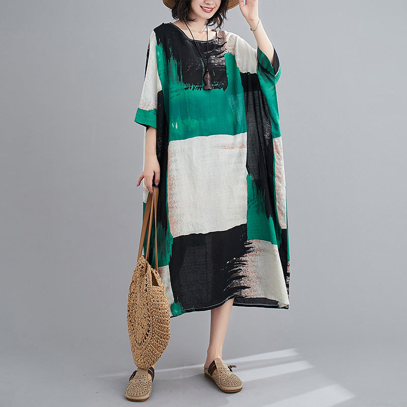 Women's Summer Boho Loose Fit V-Neck Short Sleeve Maxi Dress