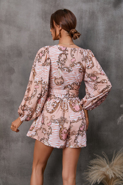 Floral Print V-Neck Long Sleeve Shorts Jumpsuit