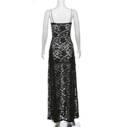 Summer Black Slim Fit High Waist V-Neck Mesh Slip Dress