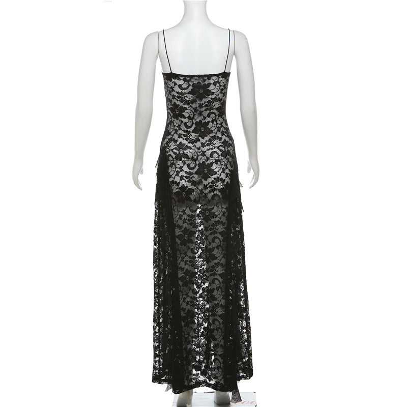 Summer Black Slim Fit High Waist V-Neck Mesh Slip Dress