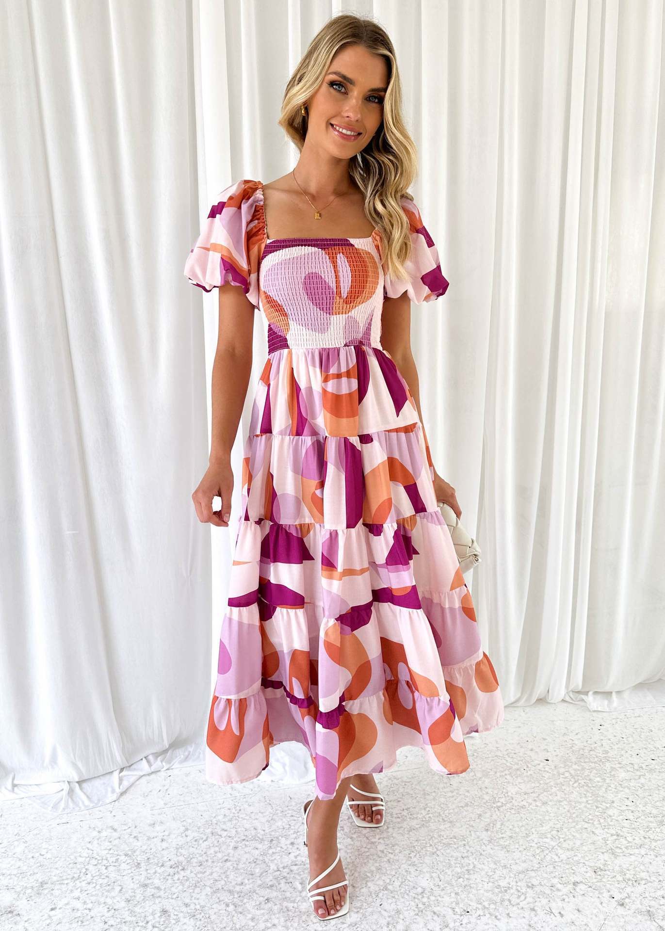 Spring Summer Off-Shoulder Floral Print Puff Sleeve Dress