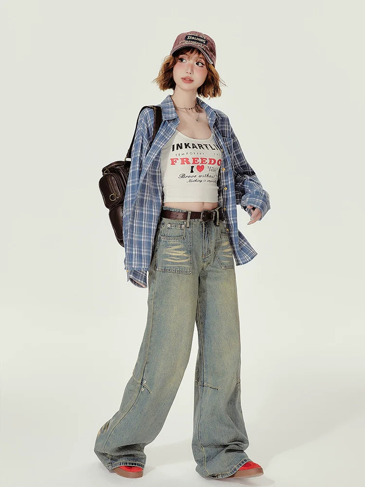 Girlyhalo Women's Blue Plaid Shirt - Oversized Fall Shacket for a Youthful Look