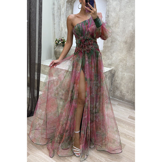 Women's Mesh one-Shoulder Long Dress