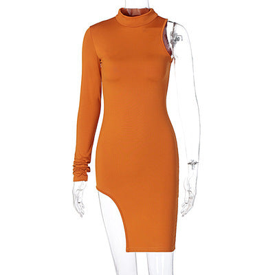 Sexy High Neck One Shoulder Mini Dresses-Dresses-Orange-S-Free Shipping at meselling99