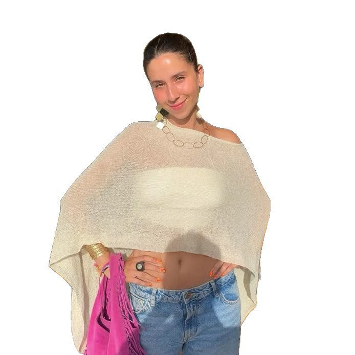 Women's Asymmetrical Cape Poncho – Lightweight Linen Knit Summer Cover-Up