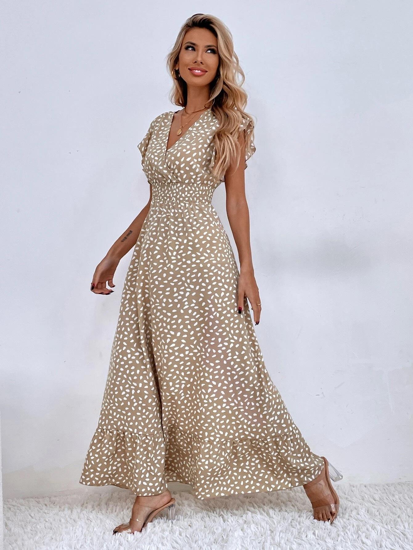 Summer V-Neck Wrap Waist Maxi Dress with Flutter Sleeves-black-S-Free Shipping Leatheretro